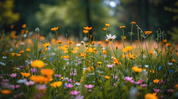 azul flores rociado entre césped foto