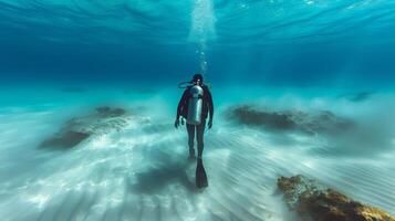 Man in Wet Suit Swimming in Ocean photo