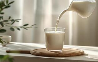 Milk Pouring Into A Glass With Splash on Wooden Cutting Board photo