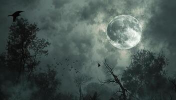 A Full Red Moon Over Silhouetted Trees in a Night Sky photo