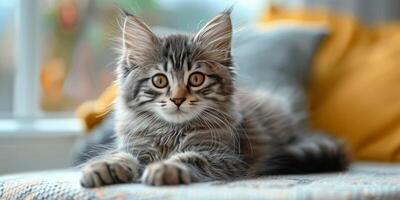 Cat Resting on Bed Next to Window photo