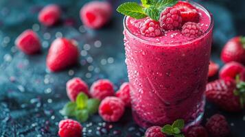 Glass of Raspberry Smoothie Surrounded by Raspberries photo
