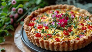 Quiche With Flowers and Herbs on a Plate photo