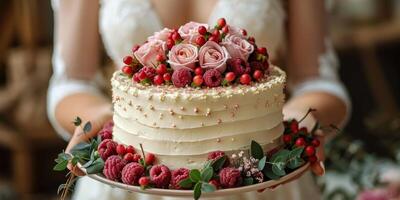 Elegant Multi-Layer Cake With Fresh Berries and Flowers photo
