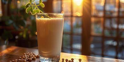Glass of Milk on Wooden Table photo