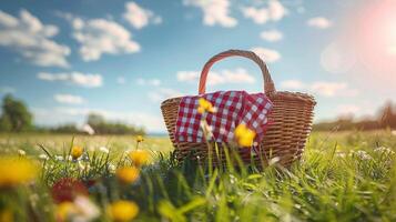 Picnic Basket With Checkered Cloth in Grass photo