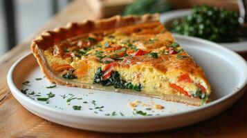 Close Up of a Slice of Quiche on a Plate photo