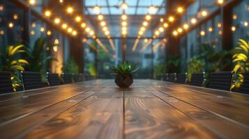 Long Wooden Table With Potted Plant photo