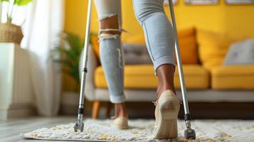 Woman Using Crutch Due to Broken Leg photo