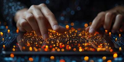 Person Typing on Laptop With Colorful Lights Background photo