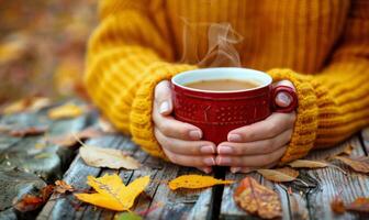 Hands Holding a Red Mug of Steaming Coffee on a Wooden Table With Fall Leaves photo
