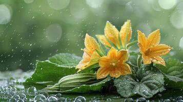 Close Up of Cucumber and Flowers in Rain photo