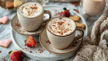 Two Mugs of Hot Chocolate With Hearts on a Plate photo