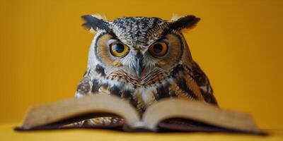 Owl Wearing Glasses Sitting on Top of a Book photo