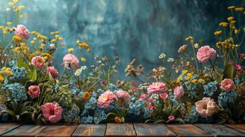 Wooden Table Covered With Pink Flowers photo