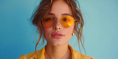 Woman in Yellow Glasses Standing in Front of Blue Wall photo