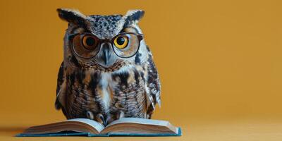 Owl Wearing Glasses Sitting on Top of a Book photo