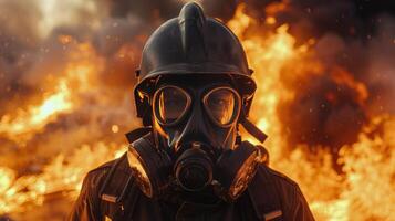 Man in Gas Mask Standing in Front of Fire photo