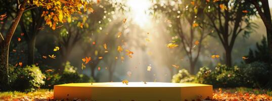 Yellow Round Table Surrounded by Leaves in Forest photo