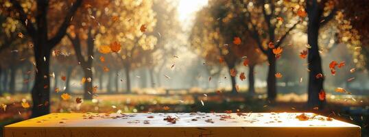 Bench in the Middle of Park Filled With Leaves photo