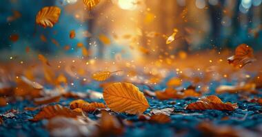Autumn Leaves Falling in a Forest on a Sunny Day photo