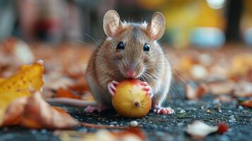 Small Rodent Eating Apple on Ground photo