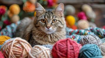 Cat Sitting in Pile of Yarn photo