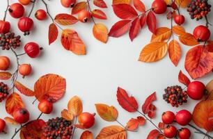 Autumn Leaves and Berries Frame on White Background photo