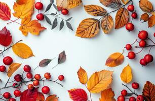 Autumn Leaves and Berries Frame on White Background photo
