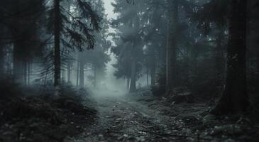 Foggy Forest Path in Autumn With Fallen Leaves photo