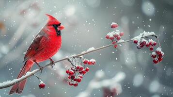 Red Bird Perched on Snow-Covered Tree Branch photo