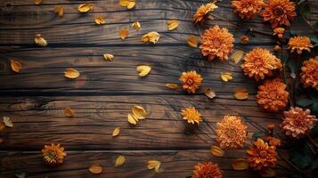 Orange Flowers Scattered on Rustic Wooden Surface photo