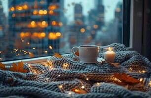 Cozy Autumn Evening With Warm Drink and Candlelight photo