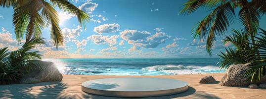 Tropical Beach With Palm Trees and a Bench photo