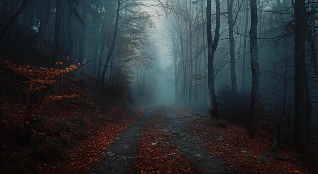 Foggy Forest Path in Autumn With Fallen Leaves photo