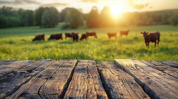 Wooden Table in Field With Cows photo