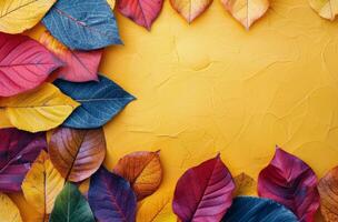 Colorful Autumn Leaves on Yellow Background photo