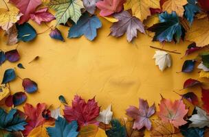 Colorful Autumn Leaves on Yellow Background photo