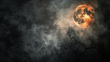 A Full Red Moon Over Silhouetted Trees in a Night Sky photo