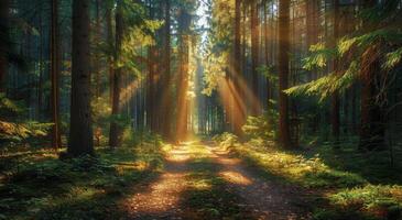 Sunlight Streaming Through Tall Trees in a Forest Path photo