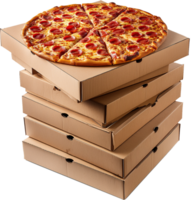 stack of cardboard box with delicious Buffalo Pizza isolated on a transparent background png