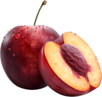 A fresh whole Plum with a half cut plum Isolated on a Transparent Background png