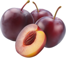 A fresh whole Plum with a half cut plum Isolated on a Transparent Background png
