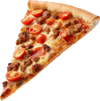 A flying meat pizza slice isolated on a transparent background png