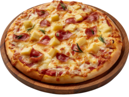 A delicious Hawaiian pizza on a wooden plate isolated on a transparent background png