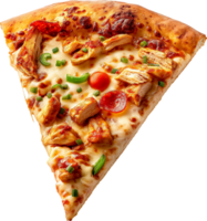 A floating BBQ Chicken Pizza slice isolated on a transparent background png