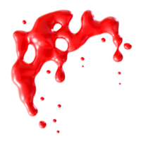 Vivid red blood splash on transparent background, perfect as dramatic and eerie Halloween design element. Cut out of red dripping liquid, fluid. 3D render. png