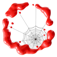 Vivid red blood splashes and spider with a web, on transparent background, dramatic and eerie Halloween design element. Cut out of red liquid, fluid. 3D render. png