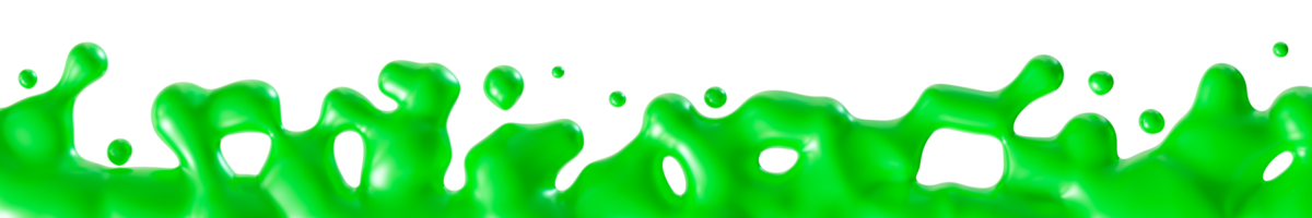 Vivid green slime splashes on transparent background, perfect as playful Halloween design element. Cut out of green mysterious dripping liquid, fluid. Footer or header. 3D render. png