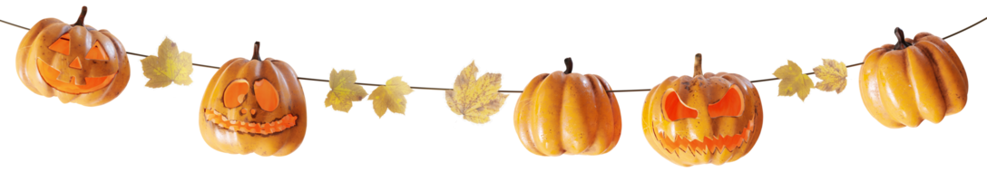 Charming Halloween garland featuring line of carved jack-o'-lanterns and autumn leaves, on transparent background. Can be used as divider, footer or header. Halloween party. 3D render. png